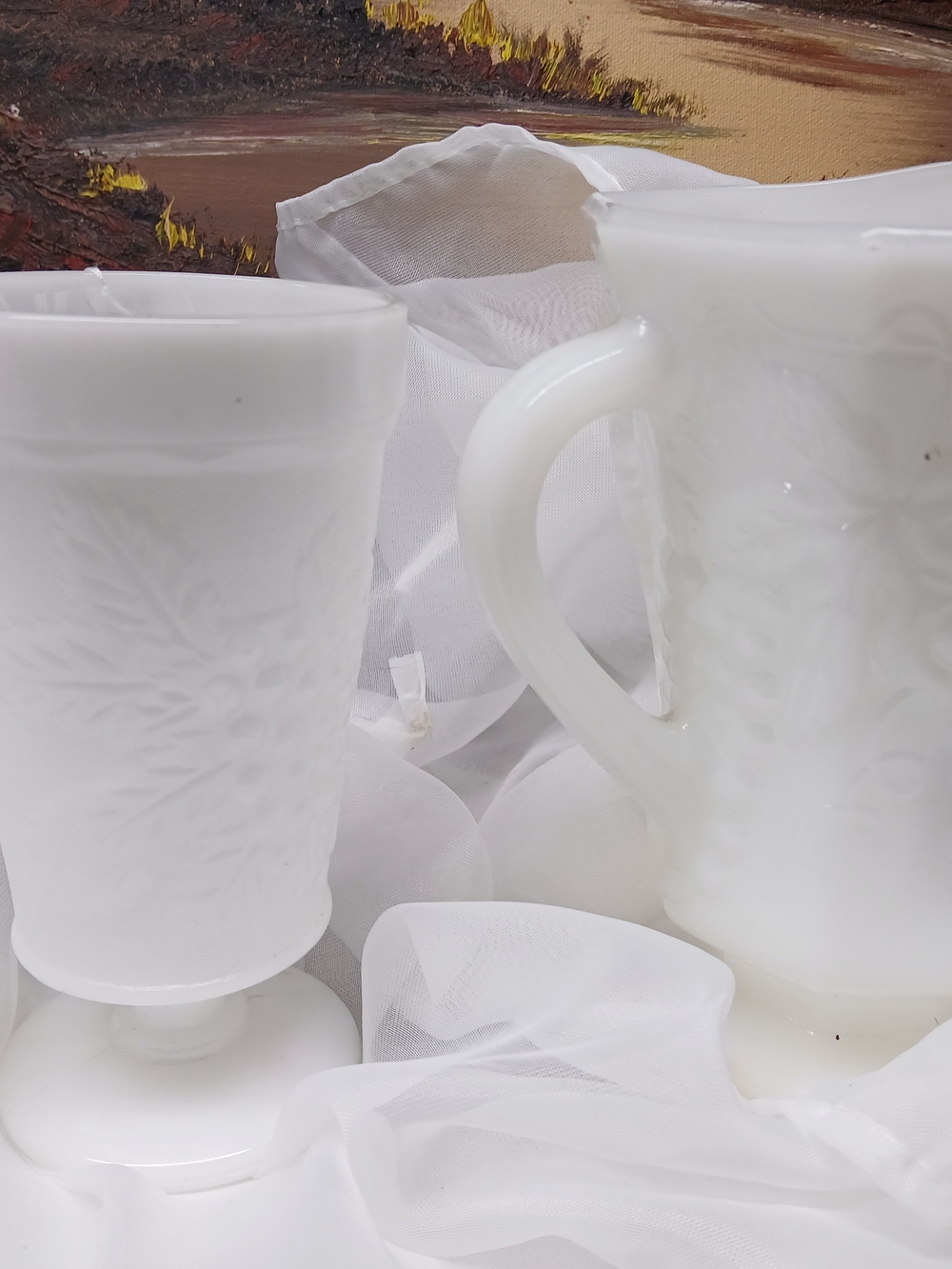 Vintage Milk Glass Pitcher and Goblet Set - White